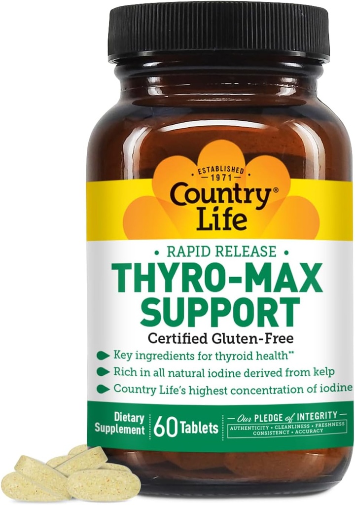 Country Life Thyro-Max Support - Kelp-Derived Iodine & L-Tyrosine Thyroid Supplemento per gli uomini e le donne - B Vitamine, senza glutine, Vegan, Kosher - 60 capsule