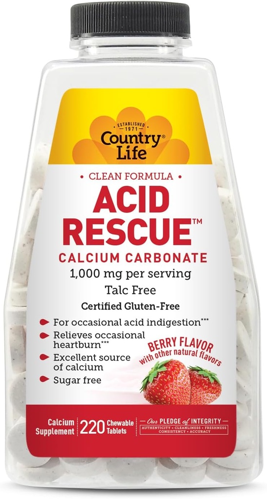 Country Life Acid Rescue Chewable Tablets - Certified Vegan & Gluten-Free Heartburn Relief, 400mg Calcium & Magnesium, Non-GMO, Sugar-Free Mint Flavor, Supports Bone Health, 220 Count