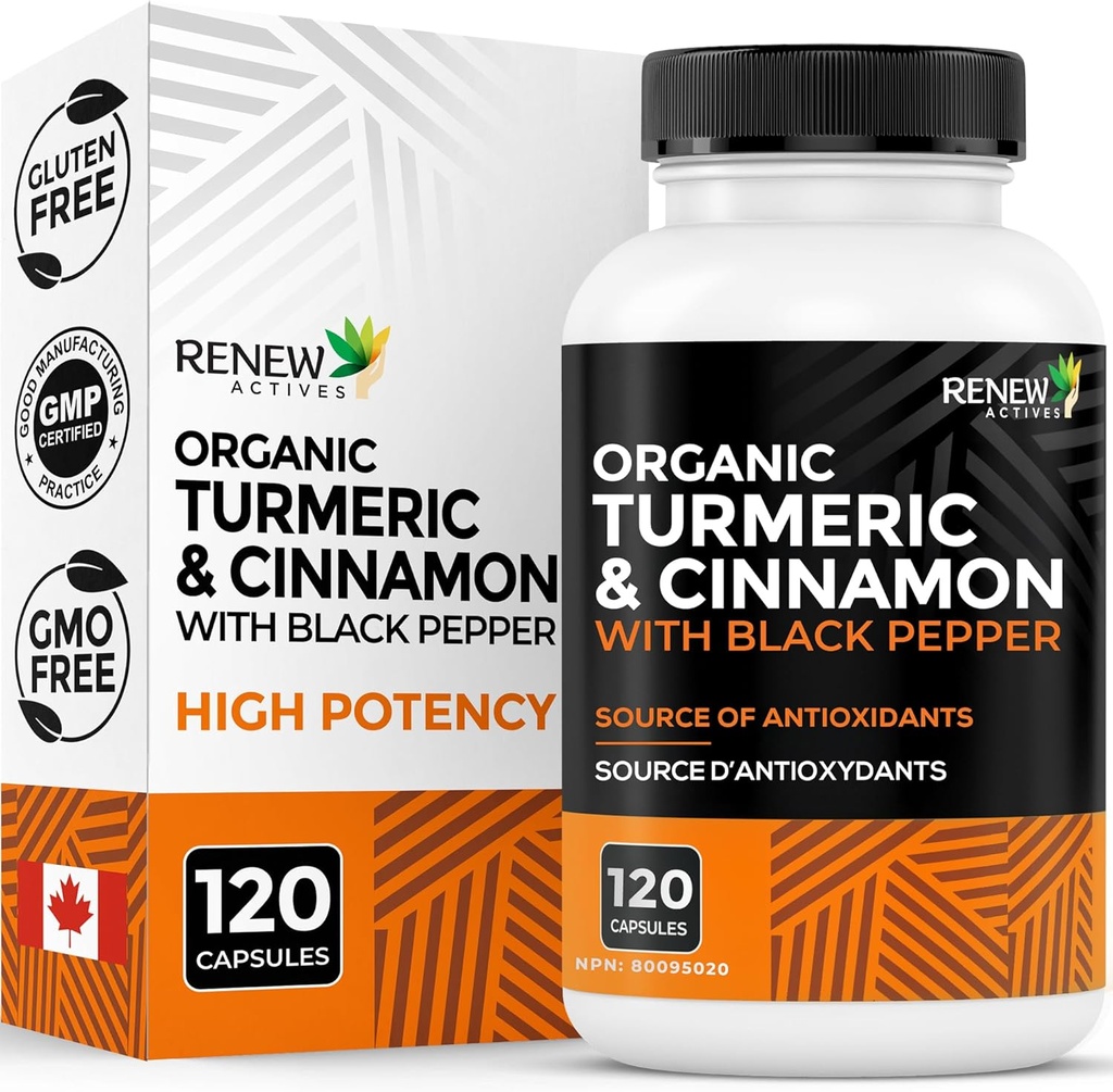 Renew Actives Organic Turmeric 474MG & Cinnamon 50MG per 2 capsule – con Curcumin & BioPerine per l'assorbimento – Supporta il metabolismo, Joint Health & Digestion – Made in Canada – 120 capsule