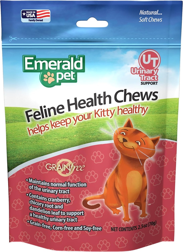 Emerald Pet Feline Health Chews UT Support - Natural Grain Tract Health Cat Chews - Cat Šlapimo papildai su spanguolių, cikorijų šaknis, ir Dandelion lapų ekstraktas - Pagaminta JAV, 2.5 oz