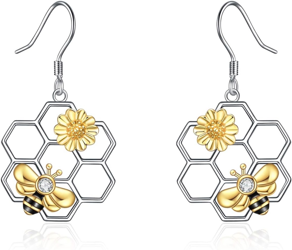 LUHE Bee Earrings for Women 925 Sterling Silver Bumble Earrings with Honeycomb Honeybee Jewelry Dangle Gifts for Women