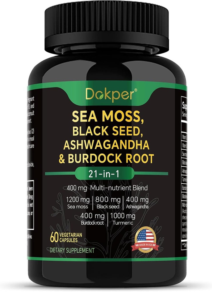 Sea Moss, Ashwagandha, Black Seed Oil Supplement, Vitamina C & D3 com açafrão, Besouro e Burdock Root, Suporte de ervas naturais para homens e mulheres 60 cápsulas, suplementos dietéticos, pacote de 1