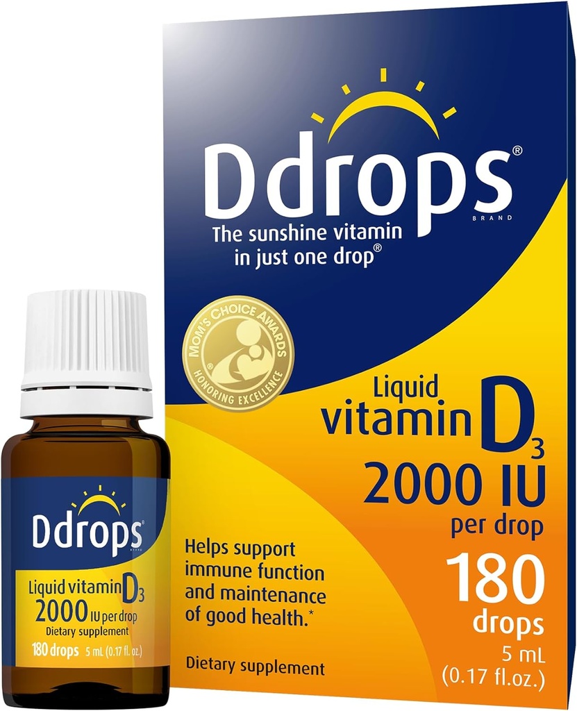 Ddrops Adultos 2000IU 180 Drops - Vitamina Líquida D3 Suplemento, Apoyo al Sistema de Huesos Fuertes