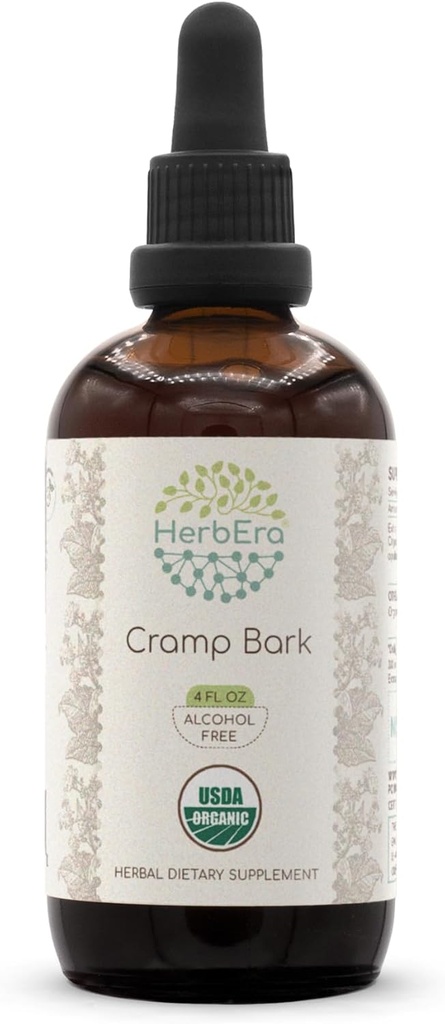 HerbEra Cramp Bark B120 USDA Økologisk Tinktur ® alkohol-fri ekstrakt, høy potens Herbal Drops ® Certified Organic Cramp Bark (Viburnum Opulus) Tørket Bark (4 fl oz)