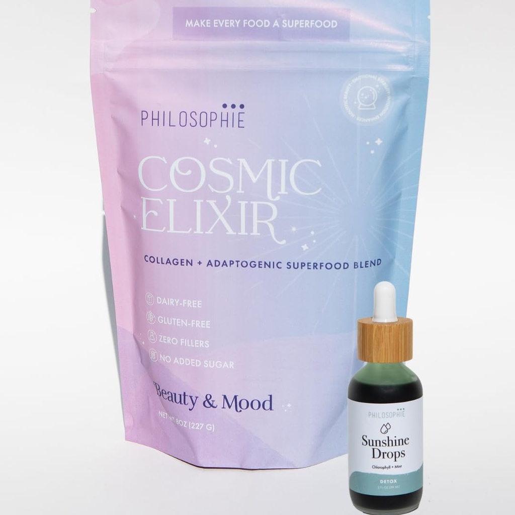 Philosophie Sunshine Drops & Cosmic Elixir Bundle - Liquid Chlorophyll & Superfood pulveris Blend - Visu dabas augu bāzes 2pack
