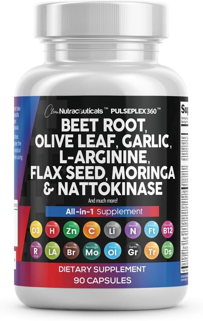Čisté Nutraceutics Beet Root Capsules Olive Leaf Nattokináza Česnek Extract L- Arginine Omega 3 Red Yeast Rice Hibiscus Danshen - Zdravý doplněk podpory - 90 Ct