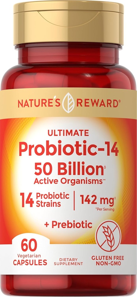 Probióticos con Prebióticos - 60 cápsulas - 142 mg - 50 millóns de organismos activos - Vegetariano, Non-GMO e Suplemento gratuíto de glute - por Recompensa da Natureza