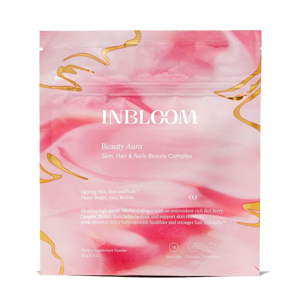 INBLOOM Kate Hudson Collagen Pó para Mulheres – Beleza Aura para Cabelo Mais Saudável Pele e Unhas com Colágeno Marinho e Cavalo Sílica - Refrescante sabor Berry - 14 porções 1.9 oz (Pack of 1)
