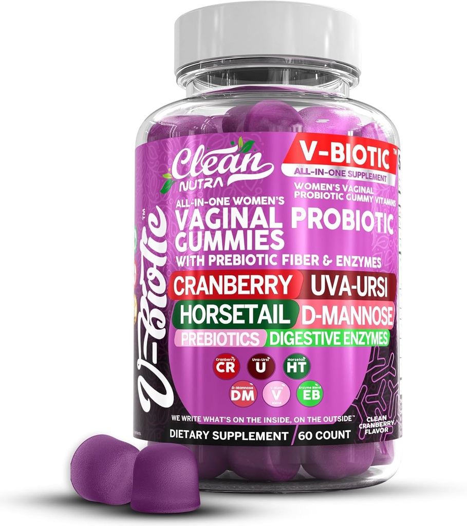 Čistá Nutracea Vaginální Probiotika pro ženy Gummies s brusinkou, Uva Ursi, Koňský ocas, D- Mannose, Prebiotika & Digestivní Enzymy, Vaginální doplněk zdraví pro pH bilance Flora Odor VBiotic