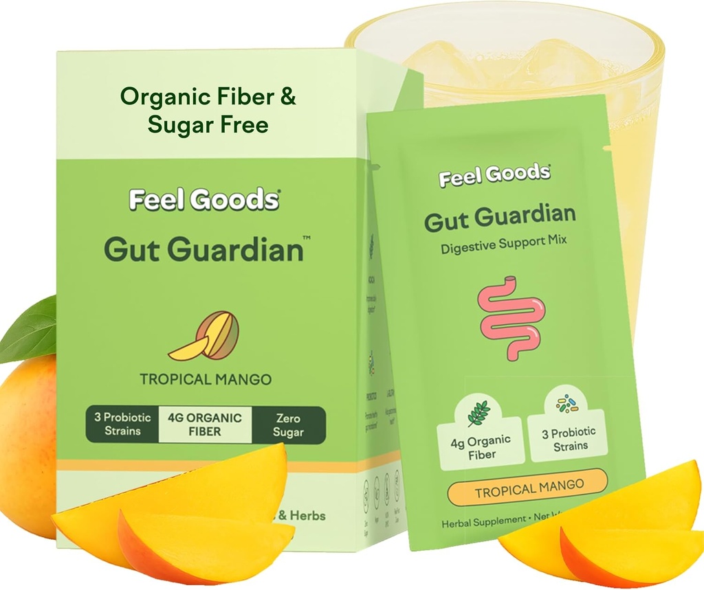 Feel Towary Guardian gut, Fiber organiczny, Probiotyczny i Prebiotyczny proszek, Cukier wolny, Zioła na Bloat, Gut Health Support, Digestive Health for Men & Women, Non GMO, Wegan, Tropical Mango, 15 Służenie