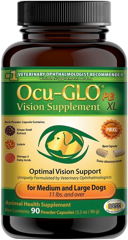 Ocu-GLO PB Vision bổ trợ cho chó vừa và chó lớn – Dễ dàng dùng Administer Powder pha trộn với Lutein, Omega-3 Fatty acids, Grape Dòng Dõi để tăng cường sức khỏe mắt, 90ct Powder Capsules