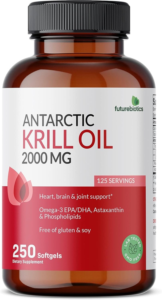 Futurebiotici Antartico Krill olio 2000mg con Astaxantina, Omega-3s EPA, DHA e Phospholipids - 100% puro Premium Krill olio pesante Metal Tested, Non OGM – 250 Softgels