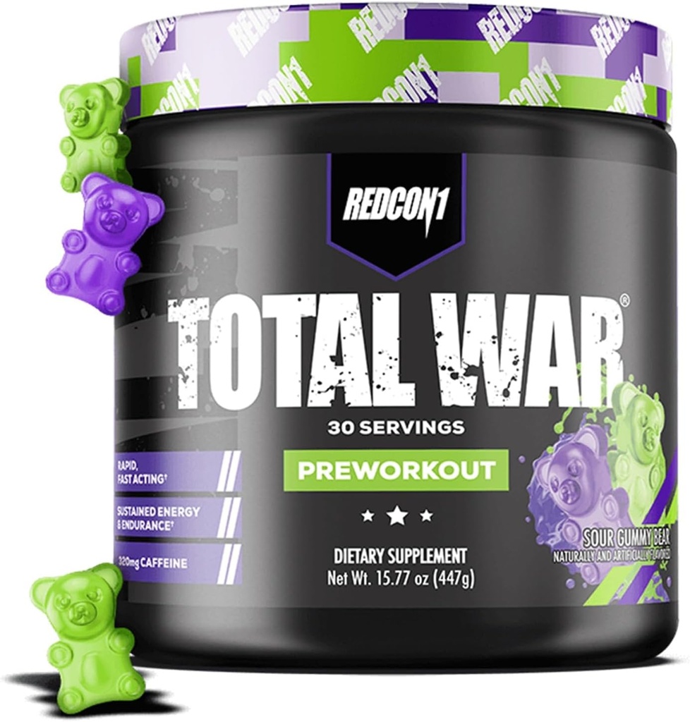 REDCON1 Total War Pre Workout, Sour Gummy Bear - Contiene 320mg di caffeina da tè verde, Juniper & Beta Alanine - Pre Work Out con aminoacidi per aumentare la pompa, energia + Endurance (30 Serve)