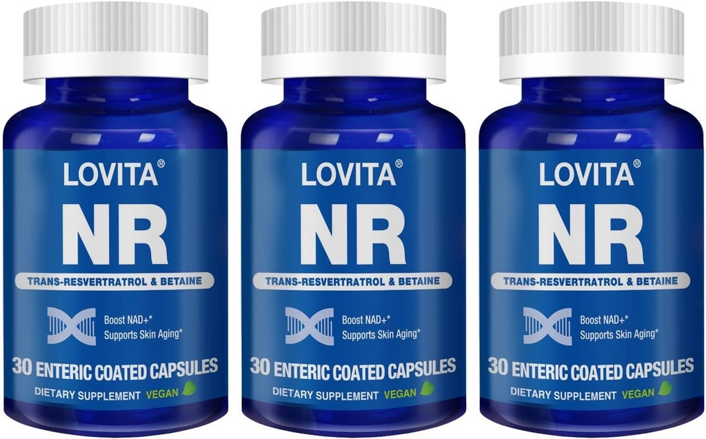 Lovita NR (Nicotinamidă Ribozidă) 350 mg, Suplimentul NAD cu Trans-Resveratrol şi Betaină, Promovează nivelurile NAD Plus, Îmbătrânire sănătoasă, 30 capsule enterice vegane (pachet de 3)