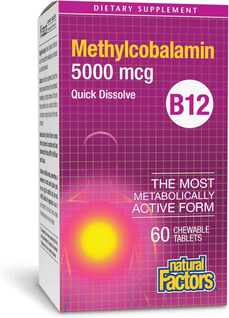 גורמים טבעיים, ויטמין B12 Methylcobalamin 5000 mcg, תמיכה צ'ואובל עבור אנרגיה ובריאות החיסון, Vegetarian, 60 טבליות (60 מנות)