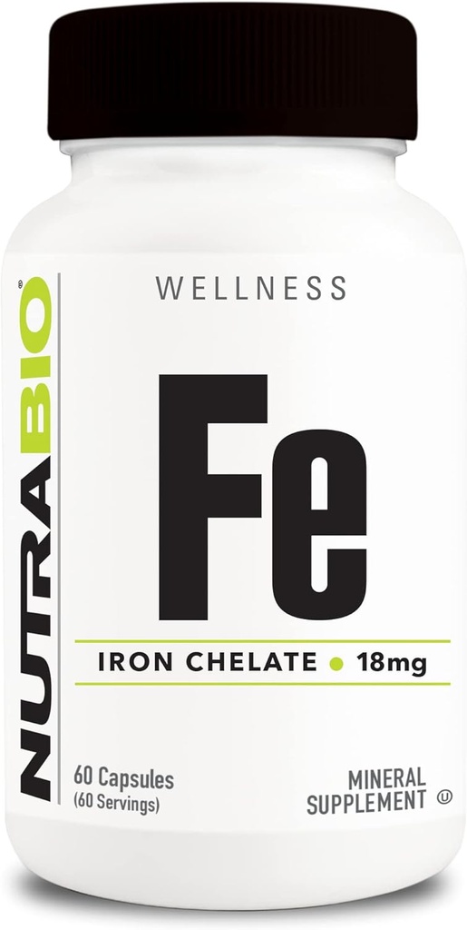 NutraBio Iron Chetelate (18mg)- Iron suplementaris per a homes i dones frisciants Bisciant Chelatelate, ajuda a la salut Roja, 60 Capsule