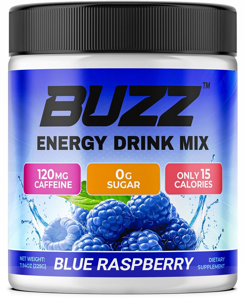 Morning Buzz Energy Drink Powder - Sugar Free Energy Drink Mix - Pre Workout Drink Mix with 18 Vitamins & Minerals, No Jitters, No Crash - Gluten Free, No Artificial Dye, Original Blue Raspberry Flavor