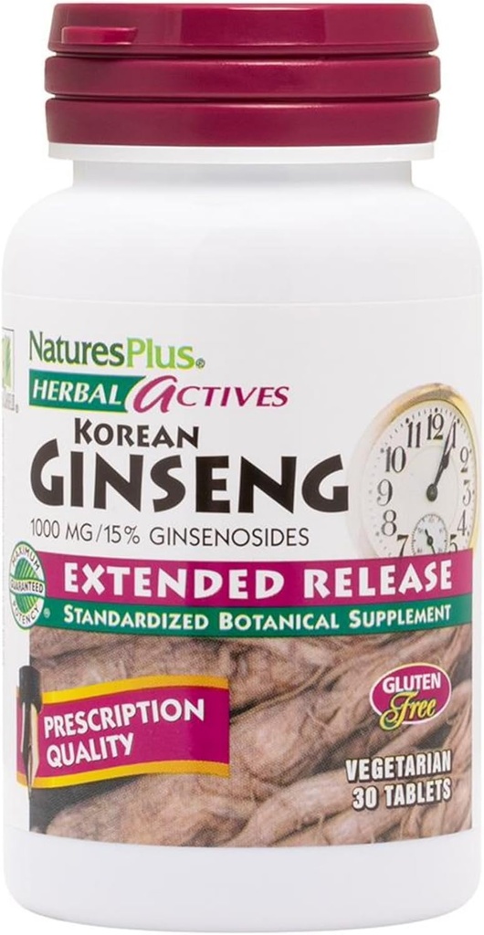 NaturresPlus Herbal Actives Korea Ginseng, Extended Rilis - 1000 mg, 30 Vegan Tablet - Adaptogenic Herbal Suplemen, Antioksidant - Vegetarian, Gluten- Free - 30 Servings