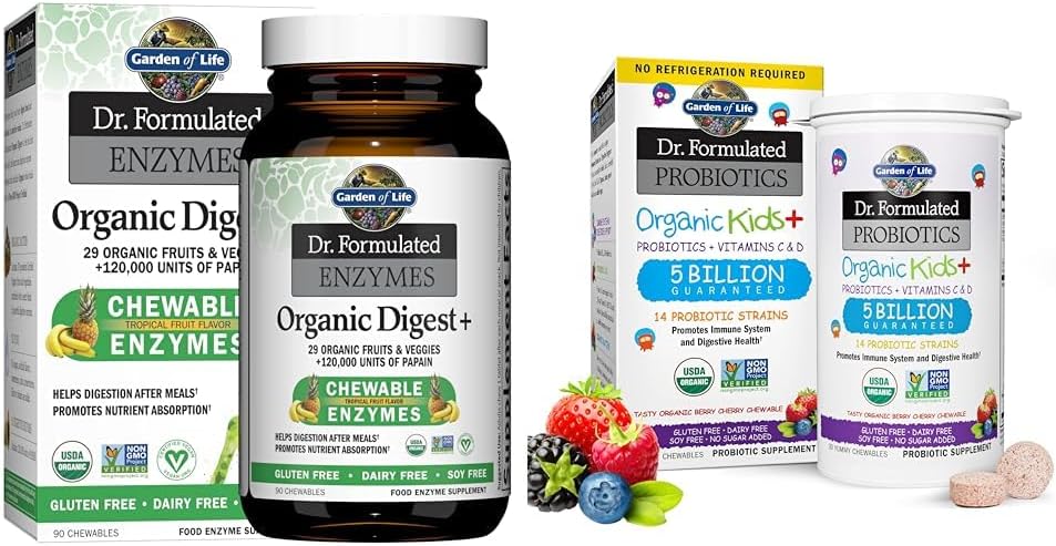 Garden of Life Dr. Formulated Digestive Enzymes con Papain, Bromelain & Dr. Formulado Probióticos Organic Kids+ Plus Vitamin C & D - Berry Cherry