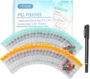 Serfeymi 48 Pcs Pill Pouch sáčky pro cestovní opakovaně použitelné plastové tašky 3x3 Inch 12 mil (Double Sided) Překládaný zip Pill Pouches pro medicínu s Slide Lock & Writable Label, 1Pc Marker- Green + Žlutá
