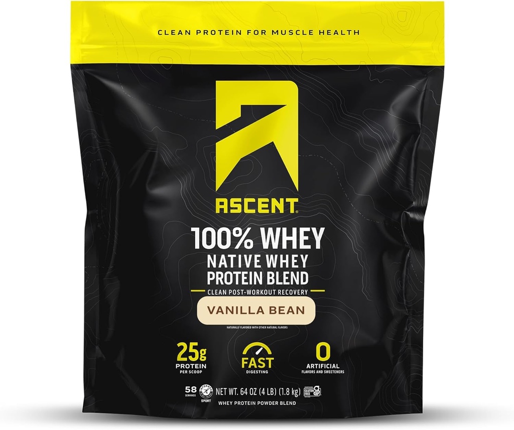 Ascent 100 % Whey, Native Whey Protein Blend - Clean Post 운동 회복, 소화, 제로 인공 향료 및 감미료, 글루텐 무료, 5.5g BCAA, 2.6g Leucine, 바닐라 콩 4 파운드.