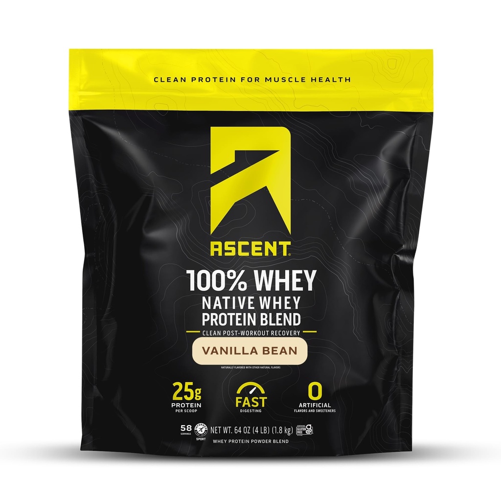 Ascent 100% Whey, Native Whey Protein Blend - Clean Post Workout Recovery, Digesting, Zero Artificial Flavors & Sweeteners, Gluten Free, 5.5g BCAA, 2.6g Leucine, Vanilla Bean 4 lb.
