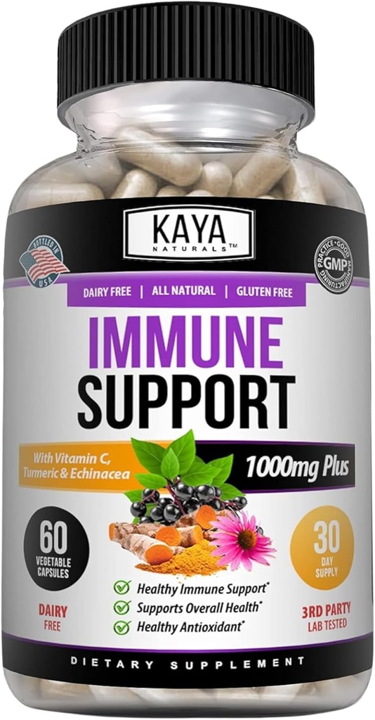 Kaya Naturals Elderberry Immune 支持,用于成人维生素、Probiotics和Turmeric 1000mg Immune System Booster Sambucus Capsules的含锌和维生素C的老莓-60个计数