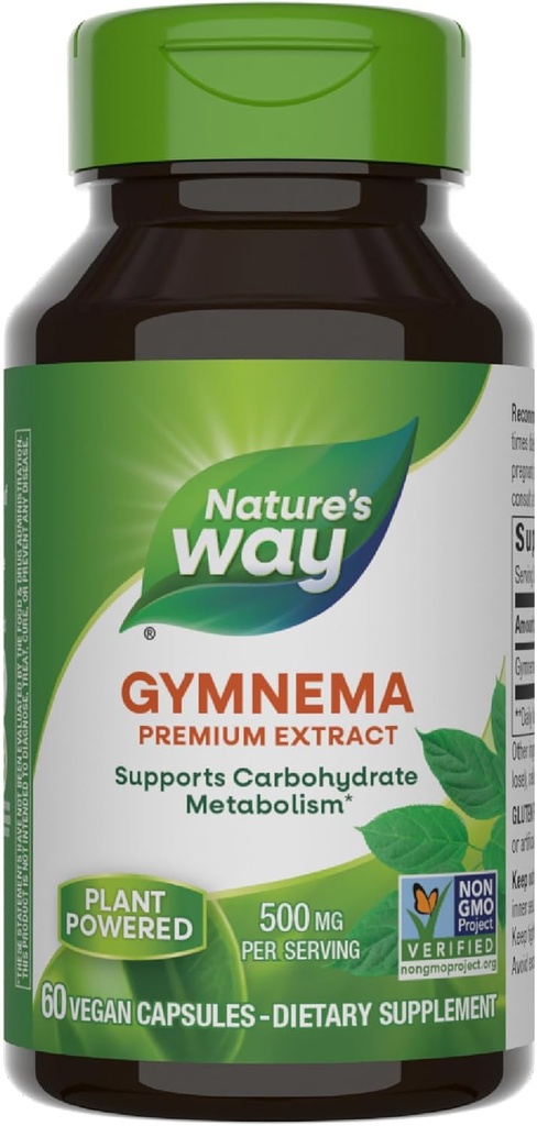 Nature's Way Gymnema Premium Extract, Ondersteunt Koolhydraat Metabolisme*, 500 mg per Serving, Non-GMO Project Geverifieerd, 60 Vegan Capsules (Verpakking mei Vary)
