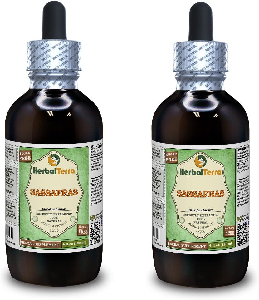 Organické sassafras (Sassafras Albidum) Glycerit, sušené listy Alcohol- Free Liquid Extract (Značka: HerbalTerra, Prooudly Made in USA) 2x4 fl.oz (2x120 ml)