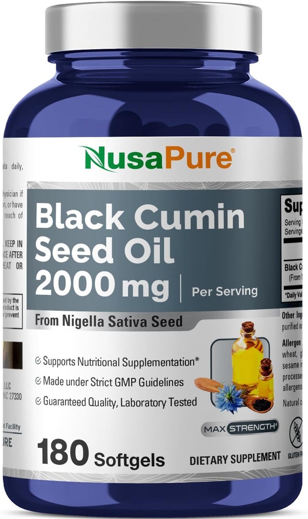NusaPure Black Seed Oil 2000mg per Serving - 180 Softgel Caps (Non- GMO, gluten- Free) Cold- Pressed Nigella Sativa
