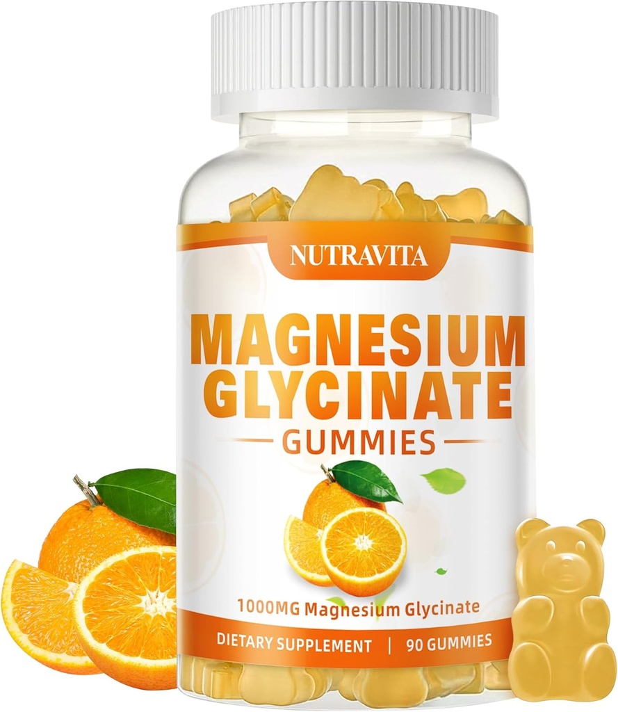 Magnesium Glycinat Gummies 1000mg med Magnesium L- Threonat, Chelated Magnesium Kalium Complex tillæg med VitD, B6, CoQ10, Calcium, Supports for Memory, Calm, Mood - 90 Gummies Orange