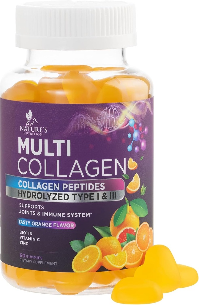 Collagen Peptide Gummie mit 2500 mcg Biotin - hydrolysiertes Protein Typ I & III Multi Collagen Supplement mit Vitamin C & Zink - Unterstützung für Haar, Haut, Nägel, Tasty Orange Flavor - 60 Gummie