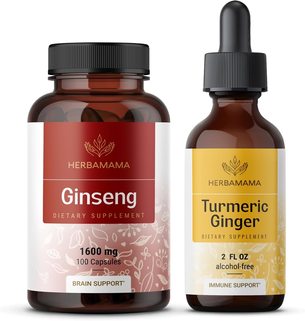 HERBAMAMA Korean Red Ginseng och Turmeric Ginger Kit - Bundle of Korean Panax Ginseng Capsules & Turmeric Ginger Liquid Drops - Vegan, Non-GMO, Sugar & Alkoholfri - 2 Pack