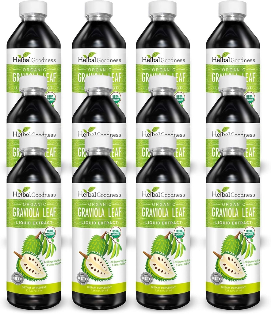 초본 Goodness Graviola 잎 추출물 15X 힘 - Soursop (Guanabana)는 액체 USDA 유기 비 GMO Kosher 세포 지원 & 재생 & 긴장 구호 Immune 부스트 12 (12oz) btls를 남겨 둡니다