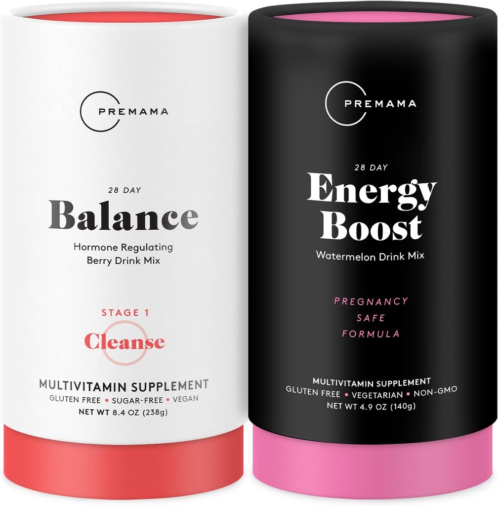 PREMAMA Prenatal Energy Boost & Hormone Balance Drink Mix Bundle, Stim Free Energy For PMS, Menopause, Prenatal, 28 Servings