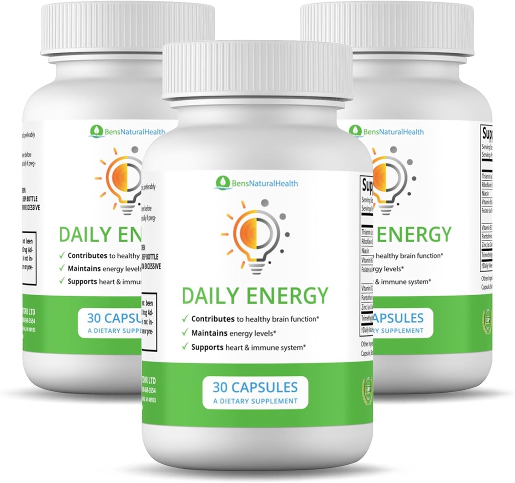 Ben's Natural Health Daily Energy B-Vitamin Complex with TMG and Zinc for Natural Energy, Stress, Focus & Immune Support, 30 Capsules, 3 Pack