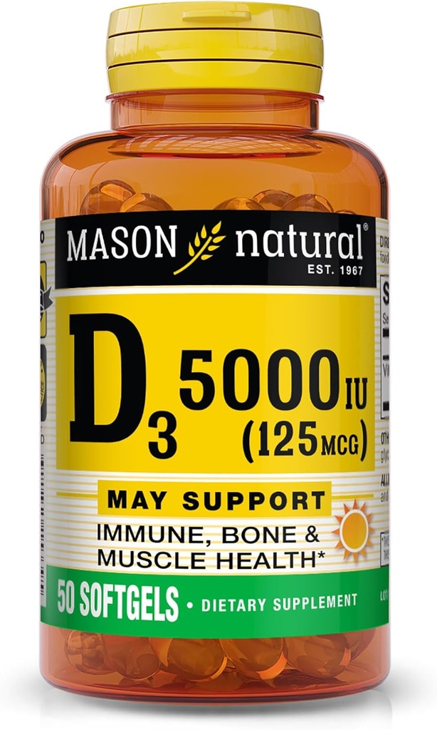 MASON TERMÉSZETI D3-vitamin 125 mcg (5000 NE), Csont-, Izom- és Immunegészség-támogatás halmájolajból, 50 Softgels, 3-as csomag
