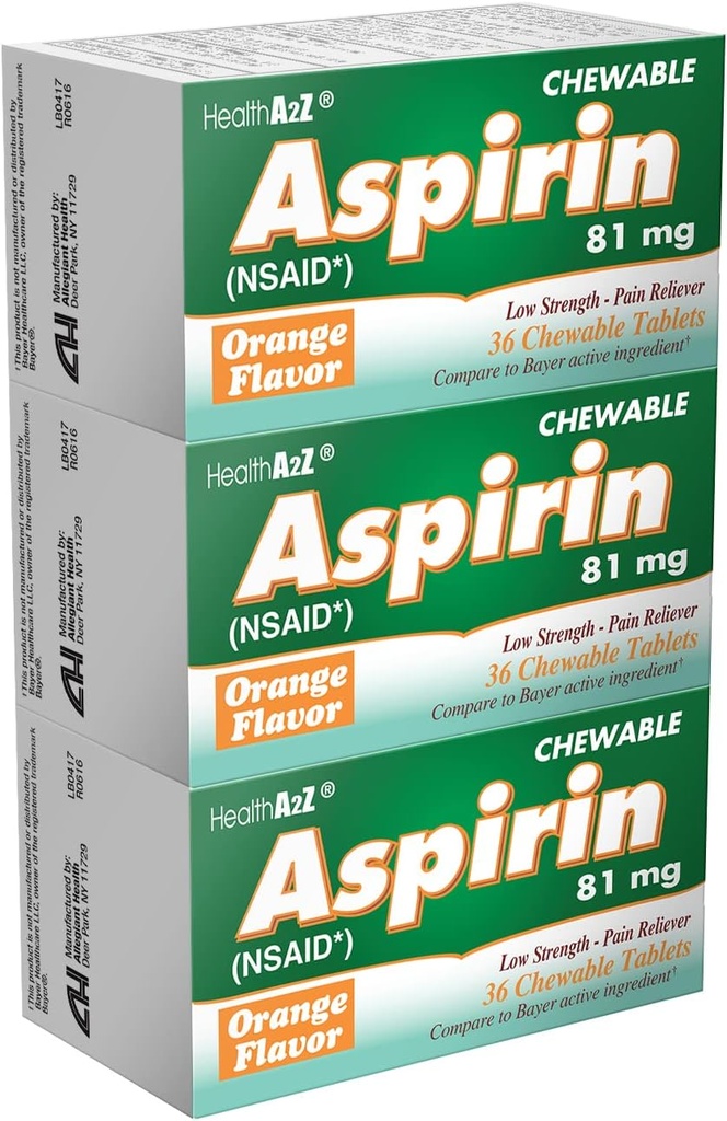 HealthA2Z® Aspirin 81mg | Low Strength Chewable Tablets | Schmerzlinderung & Fever Reducer | Orange Flavor | Reduziert Minor Aches, Kopfschmerzen & Muskelschmerzen Schmerzen | 36 Count (Pack von 3)