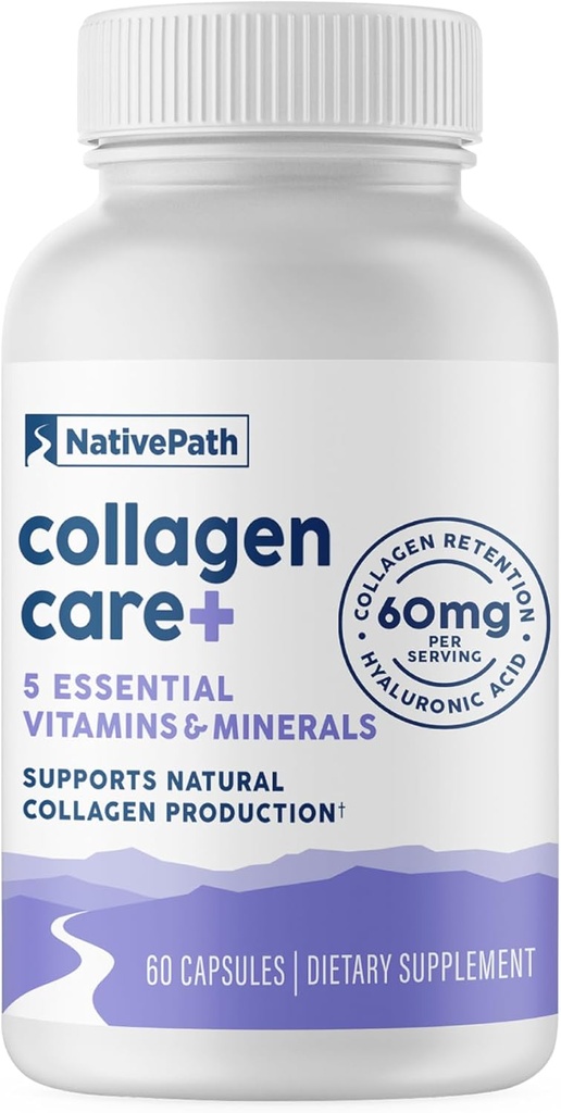 NativePath Collagen Care, 5 Vitamin Blend con ácido hialurónico e boro que soporta coláxeno para homes e mulleres, 60 cápsulas.