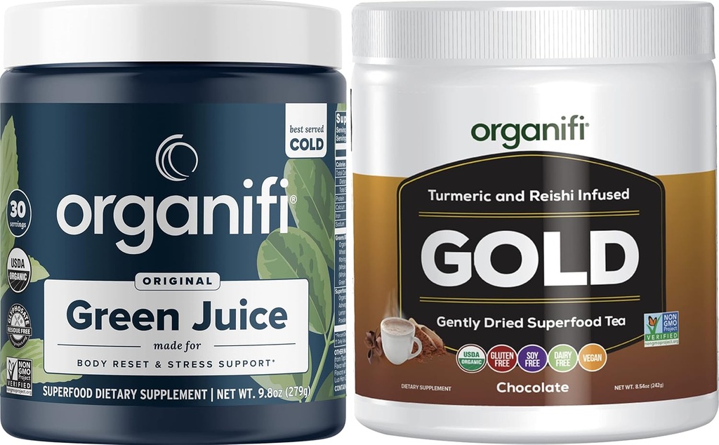 Organifi Green Juice Superfood Powder (30 Servings) y Gold Chocolate (20 Servings) - Control de peso, limpieza de desintoxicación, sueño remanente, alivio de estrés y apoyo a la inmunidad - Gluten Free, Vegan, Whole Food