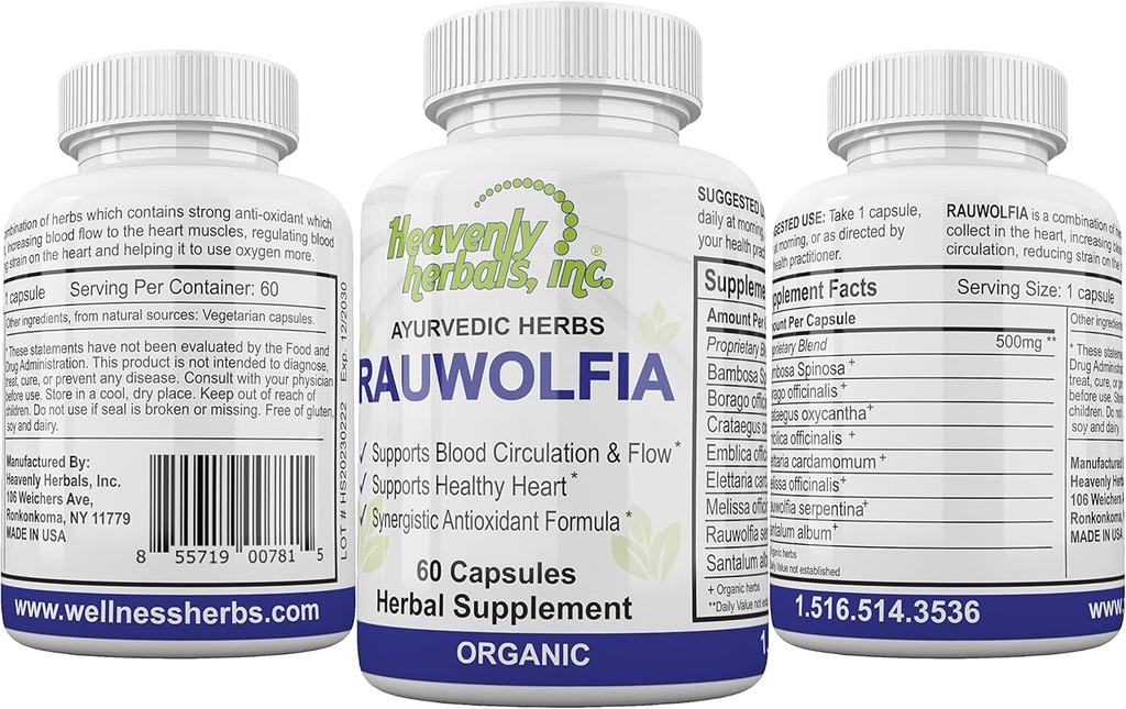 Rauwolfia Capsules, Suplemento Herbal Orgánico – Rauwolfia Serpentina Blend – Herb Ayurvedic &amp; Remedio Natural – Circulación de la sangre Apoyo &amp; Flujo – Salud Natural del Corazón - 60 Ct