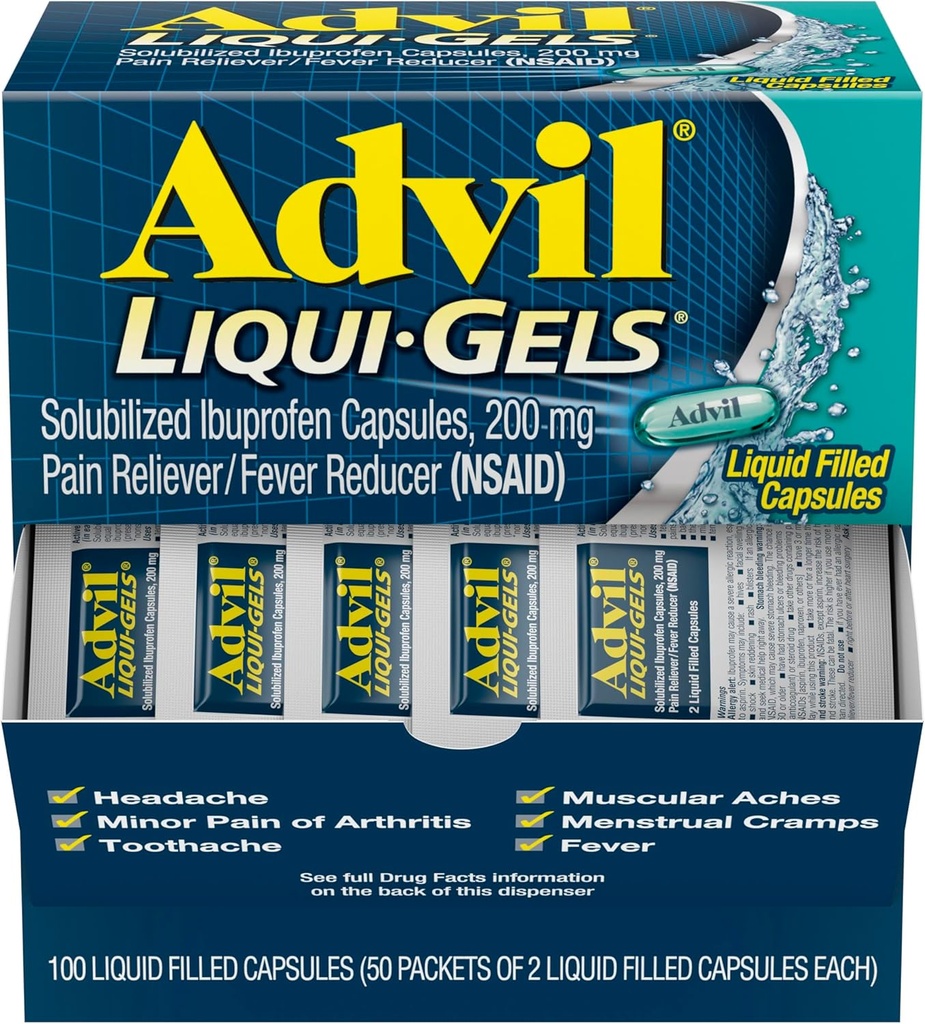 Advil Liqui- Gels Pain Reliever és láz csökkentő, fájdalomcsillapító felnőttek Ibuprofen 200mg fejfájás, hátfájás, menstruációs fájdalom és ízületi fájdalom enyhítő - 50x2 Folyékony töltött kapszula