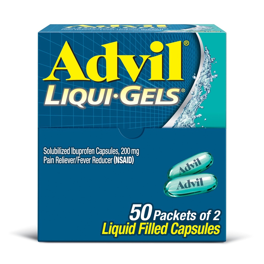 Advil Liqui-Gels Pain Reliever and Fever Reducer, Pain Medicine for Adults with Ibuprofen 200mg for Headache, Backache, Menstrual Pain and Joint Pain Relief - 50x2 Liquid Filled Capsules