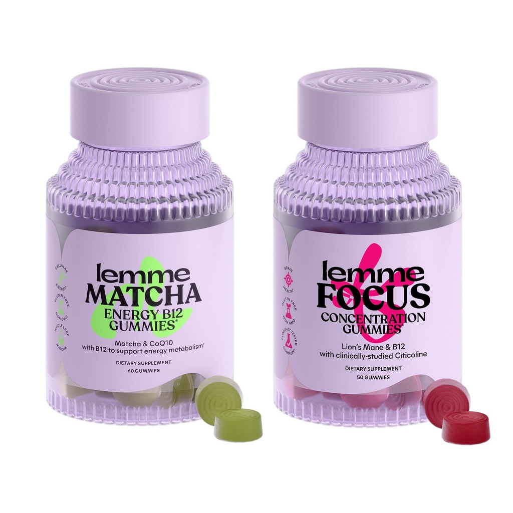 Lemme Matcha & Focus Bundle | Superfood Energy Gummies | B12, Green Tea + CoQ10 | Cognizin Citicoline | Focus & Brain Health | Gluten-Free | Variety Pack of 2