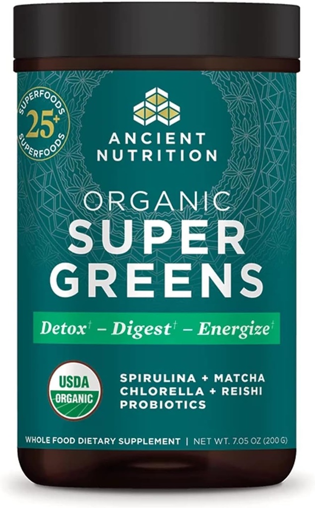 אבקת Super Greens תזונה עתיקה, אבקת סופר מזון אורגני עם פרוביוטיקה עשויים עם Spirulina, Chlorella, Matcha, ו- Digestive Enzymes, 25 משרתים, 7.05oz