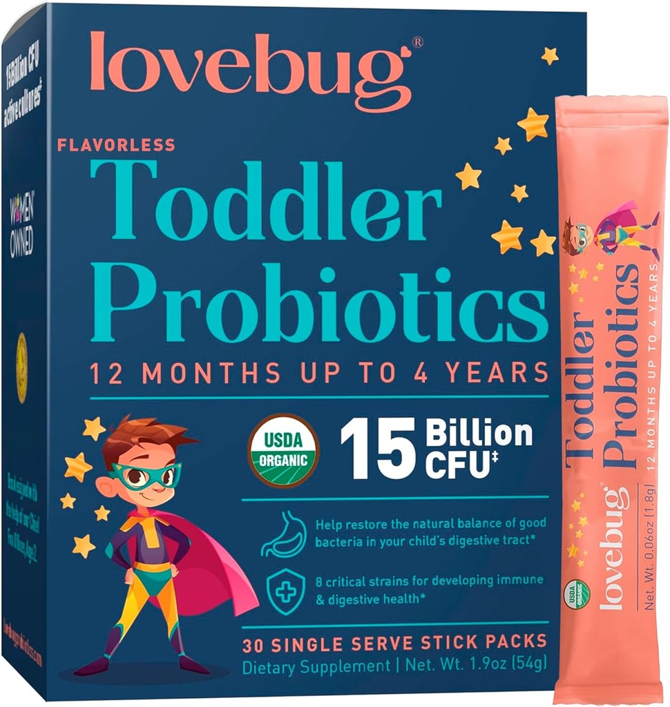 Lovebug Kids Probiyotik Toz Prebiyotik Fiber - Toddler Immunity Support & Constipation Relief - USDA Organic Probiyotiks for Childrens Gut & Digestive Health (Ages 1-4) - 30 Pack (Unflavoured)
