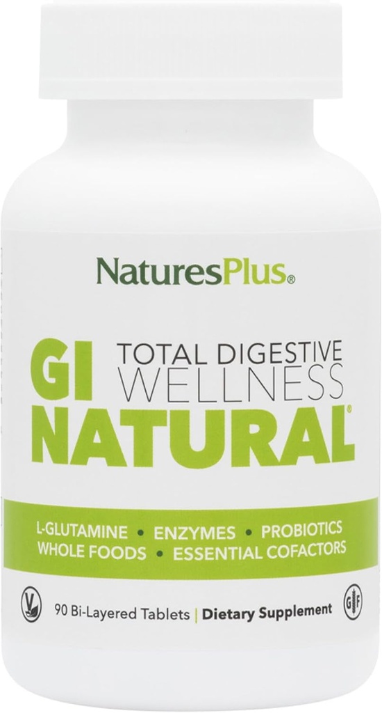 Natures Plus GI Natural Total Digestive Wellness - 90 Bi-Layered Tablets, Pack of 2 - с L-Glutamin, Probiotics, Prebiotics & Enzymes - Gluten Free - 60 Общо Сервиз