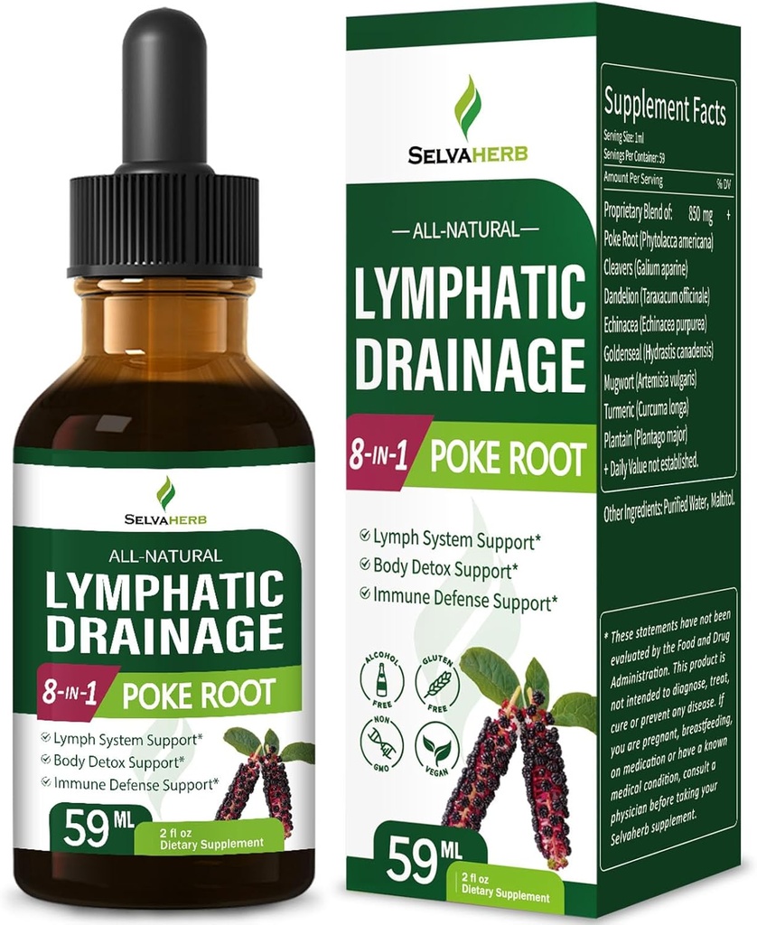 Poke Root Limfatice Picături de drenaj pentru Lymph System Support, 8-in-1 Optimizat Herbal Formula Supliment Tinctură pentru Detoxifiere Body & Immune Support w/Cleavers Echinacea Extract. 2oz