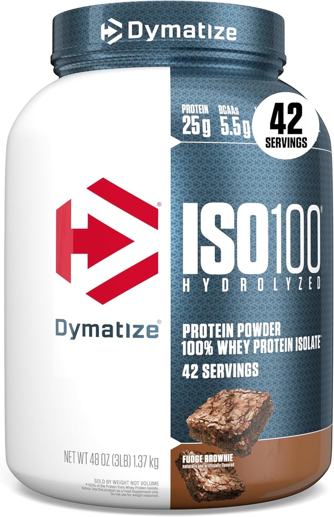 Dymatize ISO100 Whey Protein Powder Isolate, Fudge Brownie, 25g proteiinia, 3 punta, 5.5g BCAAs, Alle 120 Cal., Gluteeniton, 1g rasvaa, 1g sokeria, 2g Carb (42 tarjoilua)