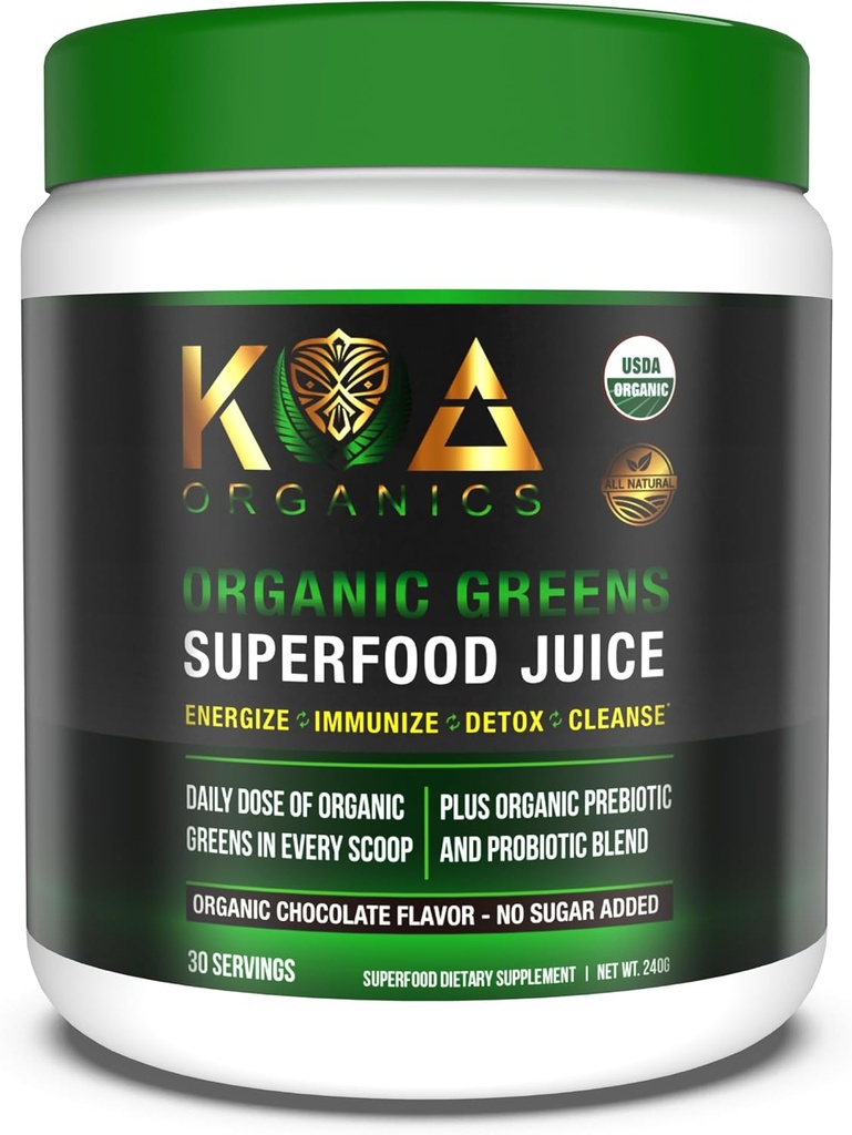 Greens Superfood Juice Powder - USDA Organic Super Greens Powder com espirulina, chlorela, fósforo, grama de trigo, enzimas digestivas e probióticos - Chocolate Flavor -30 Serv